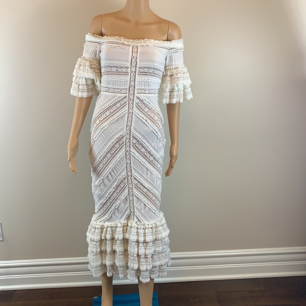 Cinq a Sept Naya ivory off the shoulder lace mermaid midi dress - Picture 5 of 8